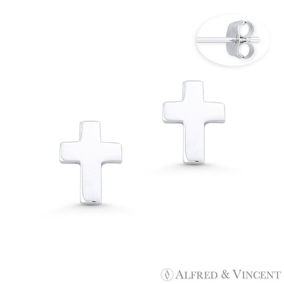 10x7mm Latin Cross Christian Charm Stud Earrings w/ Push-Back Posts in .925 Sterling Silver