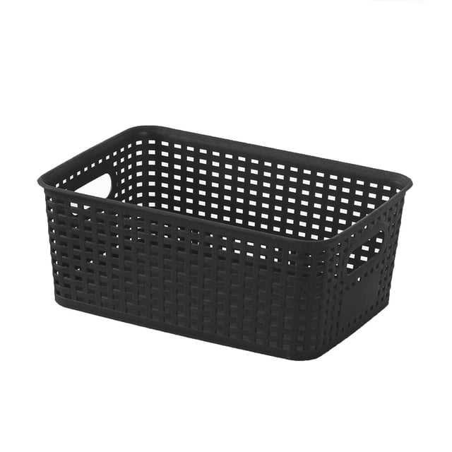 10x7x4 Inch Plastic Woven Storage Basket, Hollow Design Stackable Organizer Bin with Handles, Sturdy Desktop Storage Box for Books, Office Supplies