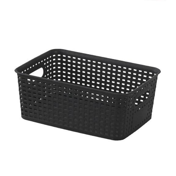 10x7x4 Inch Plastic Woven Storage Basket, Hollow Design Stackable Organizer Bin with Handles, Sturdy Desktop Storage Box for Books, Office Supplies