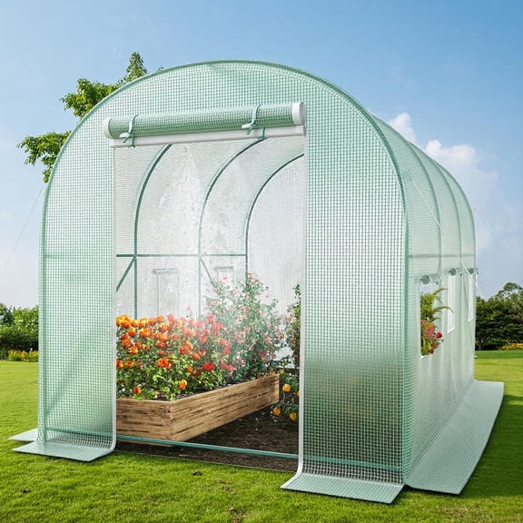 10x7x7 Walk-in Greenhouse with Watering System, Heavy Duty Green House for Outdoors, Portable Green Houses for Outside, Winter Hot House with Metal Frame & Roll-up Zipper Door Screen Windows