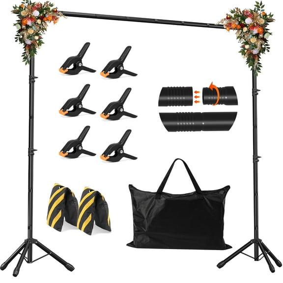 10x8.5ft Adjustable Background Stand Photography Video Studio Backdrop Kit, 6 Backdrop Clamps, 2 Sandbags for Wedding,Party,Stage Decoration,Black