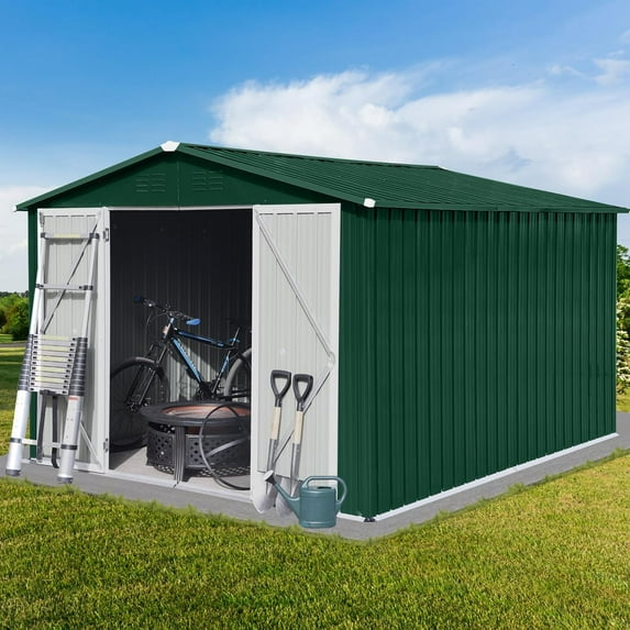 10x8 FT Metal Garden Sheds with Hinged Door and Padlock & Punched Vents,Aluminum Outdoor Storage Shed w/Eco-Friendly Painting,for Bike, Barbeque,Tool,Green+White