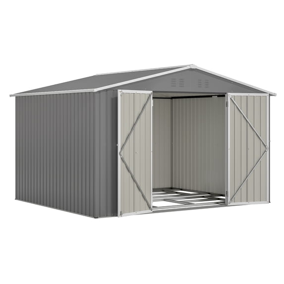 10x8 FT Metal Storage Shed, Gray Weather-Resistant Garden Shed with Lockable Double Doors