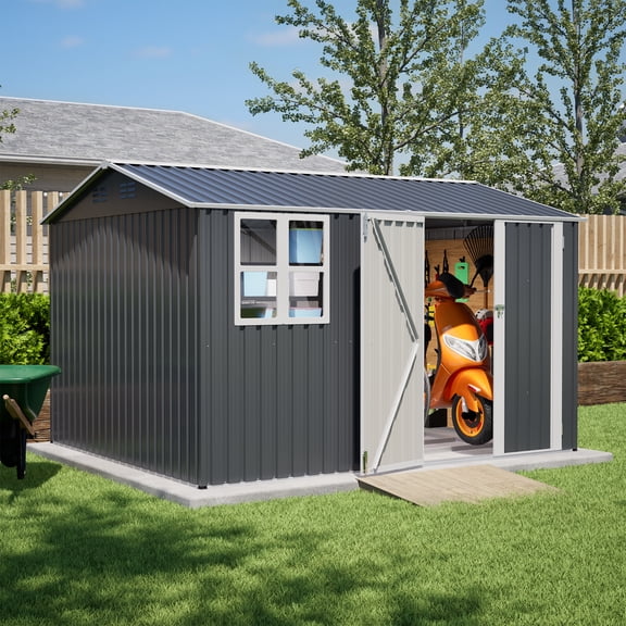 10x8 FT Outdoor Metal Storage Shed with Clear Window & Floor Frame, Large Galvanized Steel Tool Shed with Lockable Doors & 4 Vents, Weatherproof Backyard Organizer for Garden, Patio & Mower - Gray