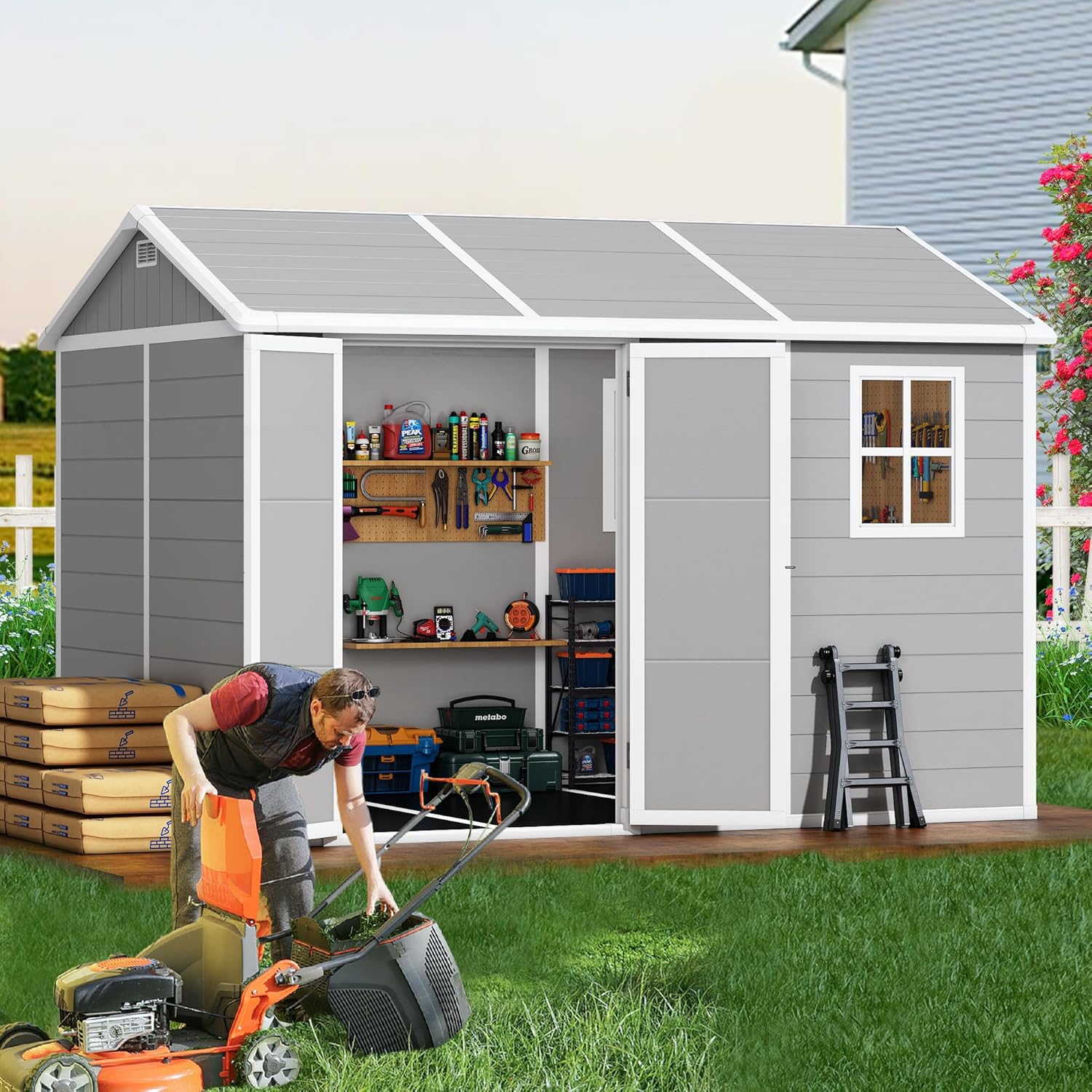 10x8 FT Outdoor Storage Shed with Floor, Weather-Resistant Resin Shed ...