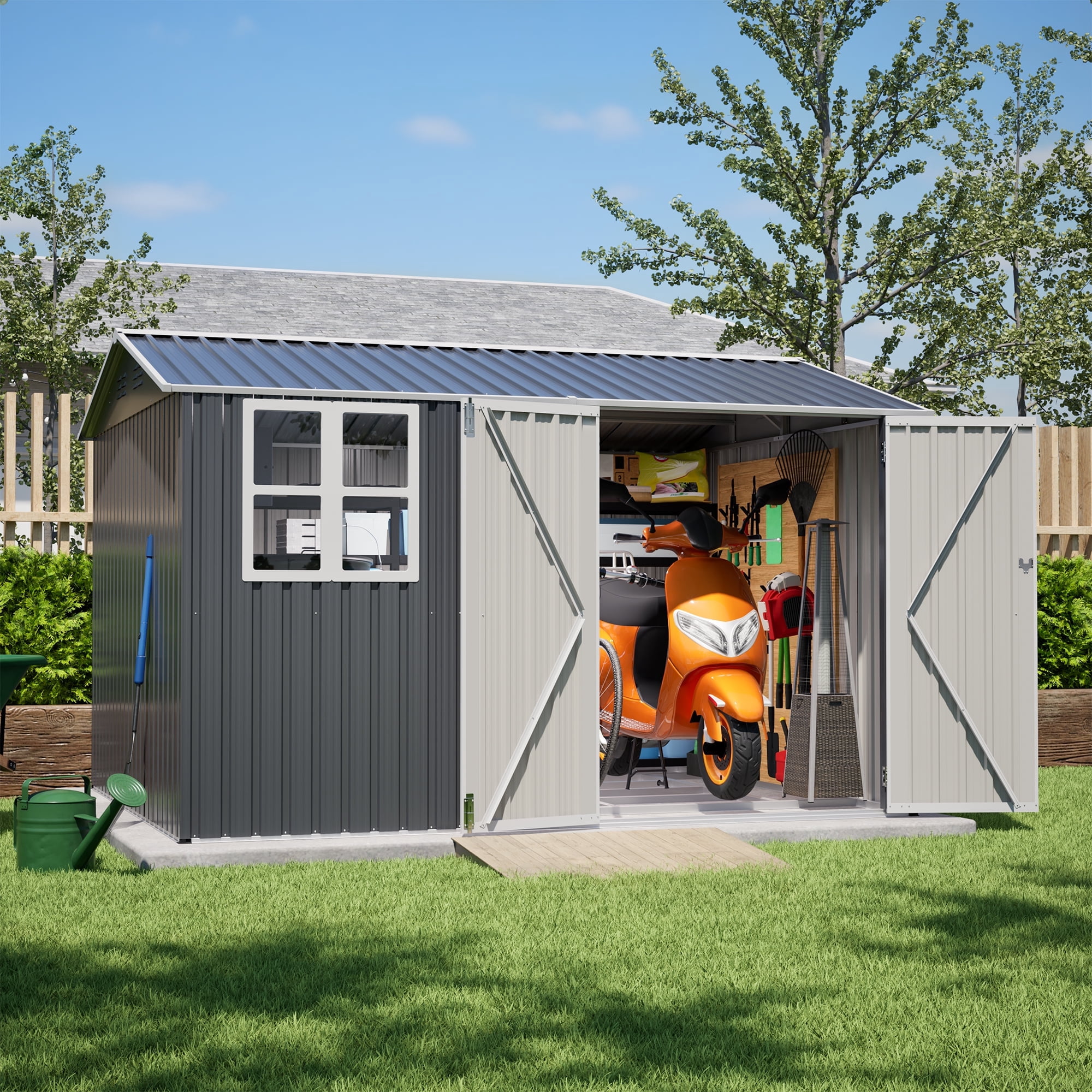 Jaxilyn 10x8 Ft Outdoor Storage Shed, Metal Garden Tool Shed With Lockable Doors And Windows, Grey