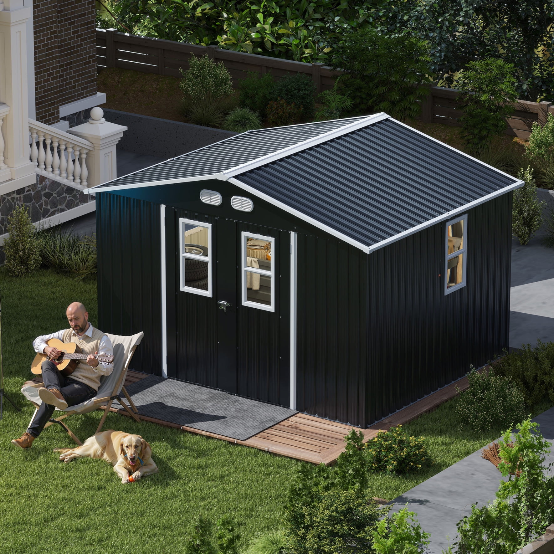 10x8 FT Outdoor Storage Shed, Metal Garden Tool Shed with Windows and Lockable Doors, Updated Frame Bike Shed with Slooping Roof and Air Vents, Dark Grey