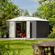 10x8 FT Outdoor Storage Shed with Floor Frame, Brown | Metal Tool Sheds, Lockable Door, Sloping Roof, Utility Garden Shed for Lawn Backyard Patio