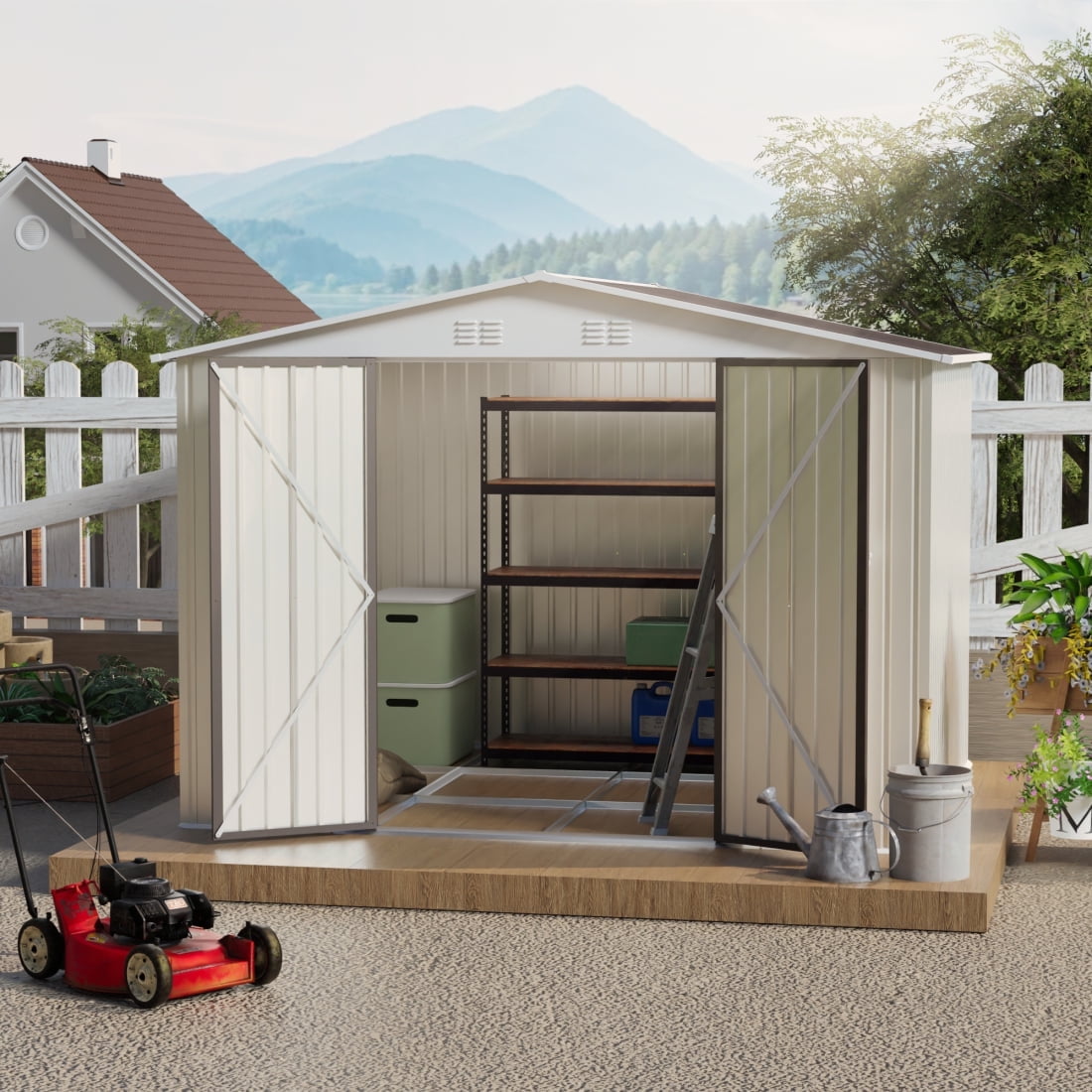 10x8 FT Outdoor Storage Shed with Foundation, Metal Garden Shed with Lockable Door and 4 Vents, All-Weather Tool Sheds for Garbage Accessories, White