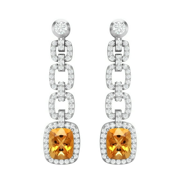 10x8 MM Cushion Shape Citrine 925 Silver Long Dangel Mother's Day Gift Women Earrings