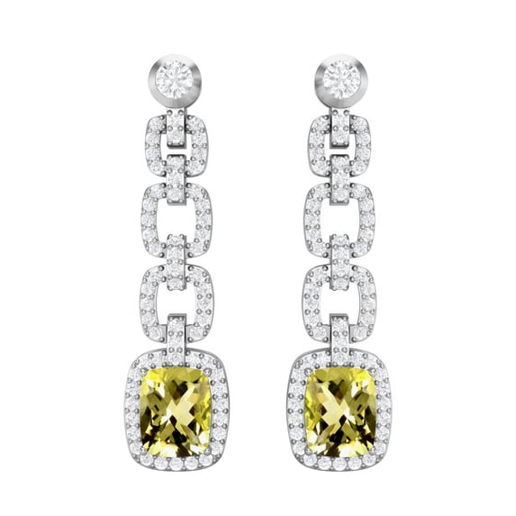 10x8 MM Cushion Shape Lemon Quartz 925 Silver Long Dangel Valentines Day Gifts Women Earrings