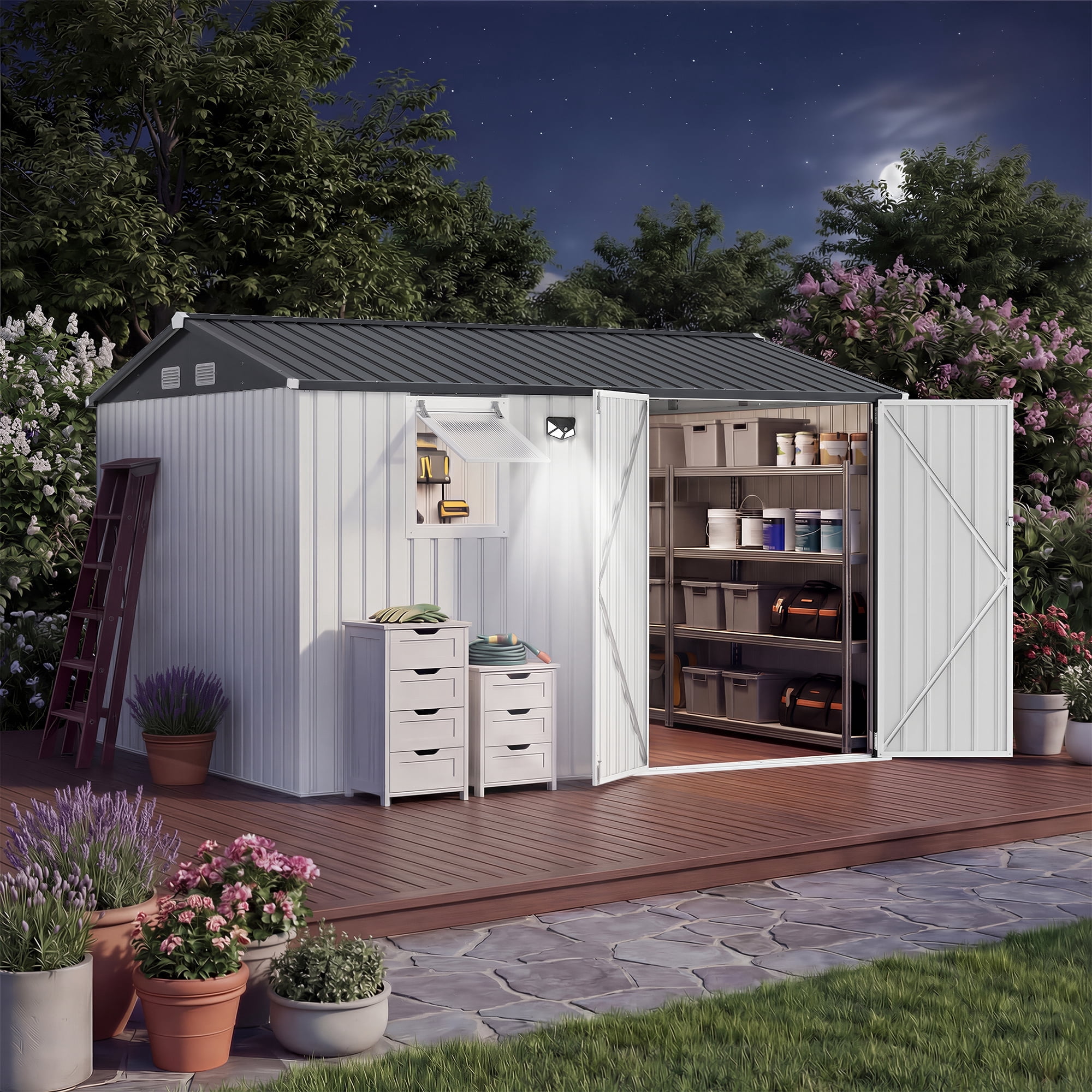 10x8 Outdoor Storage Shed with Pushable Window & LED Lamp, Metal Garden ...