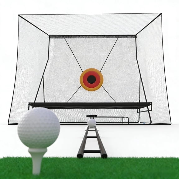 10x8FT Golf Practice Hitting Net with Ball Return Indoor/Outdoor Golf Training Net with Automatic Ball Return, Realistic Turf Mat, Noise-Reducing Targets, Portable for Driving, Chipping, Garage
