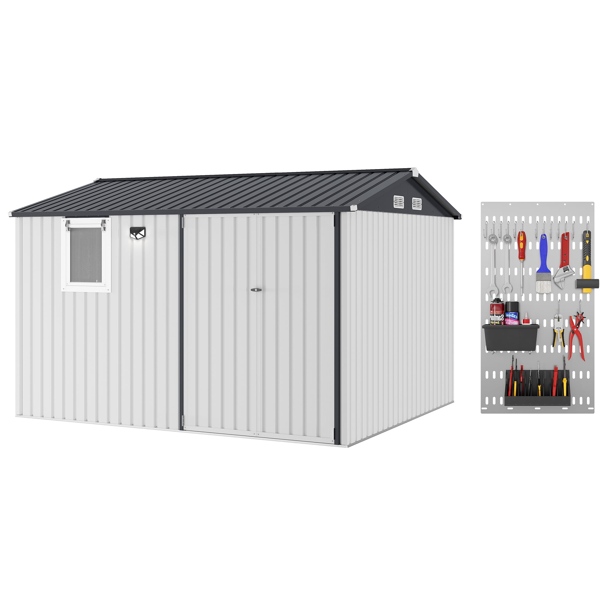 10x8FT Outdoor Storage Shed with Pushable Window,LED Lamp,Pegboard ...