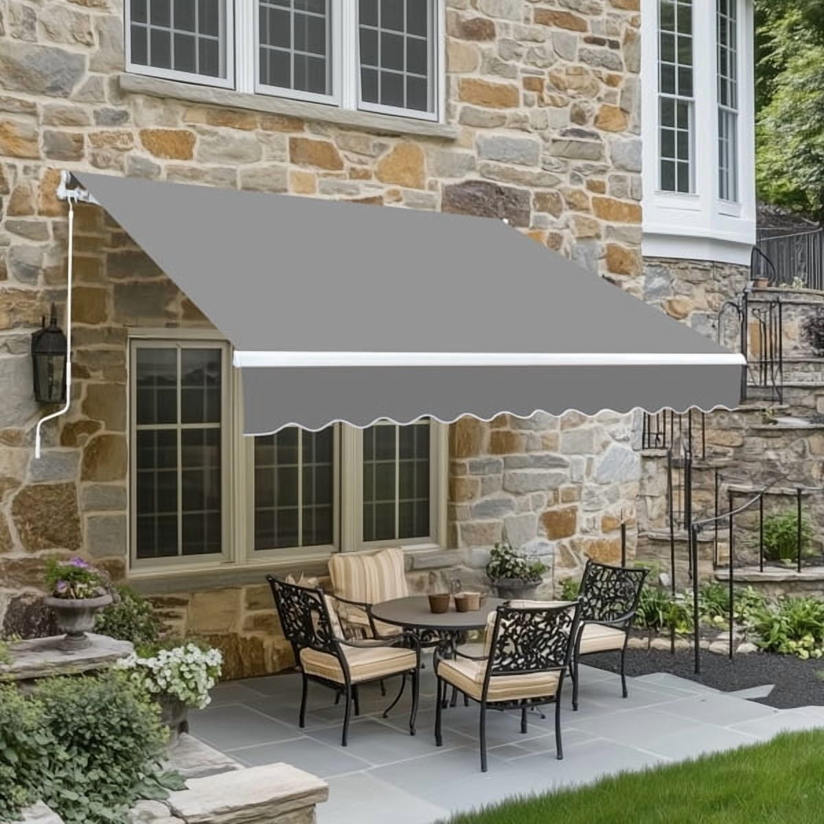10x8FT Retractable Patio Awning – Polyester Canopy, 280g/m² PU-Coated, Adjustable Slope 40°-90° – Steel-Aluminum Frame for Decks, Patios, and Commercial Spaces