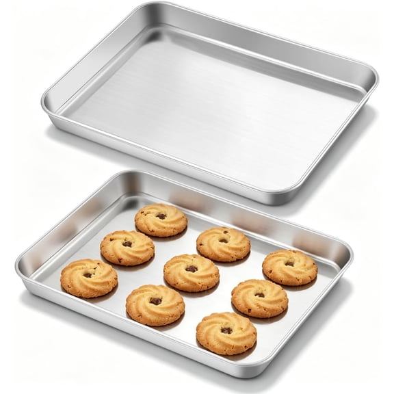 10x8IN Stainless Steel Baking Sheets Set, 2 Pack Stainless Steel Small Sheet Pan for Baking Cookie, Commercial Grade Metal Toaster Oven Tray for Oven, Non Toxic & Dishwasher Safe