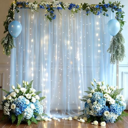 10x8ft Baby Blue Tulle Backdrop Curtain with Lights String for Parites, Sheer Photo Backdrop Curtains for Wedding Baby Shower Baby Boy Shower Birthday Party Photo Shoot Background Decorations