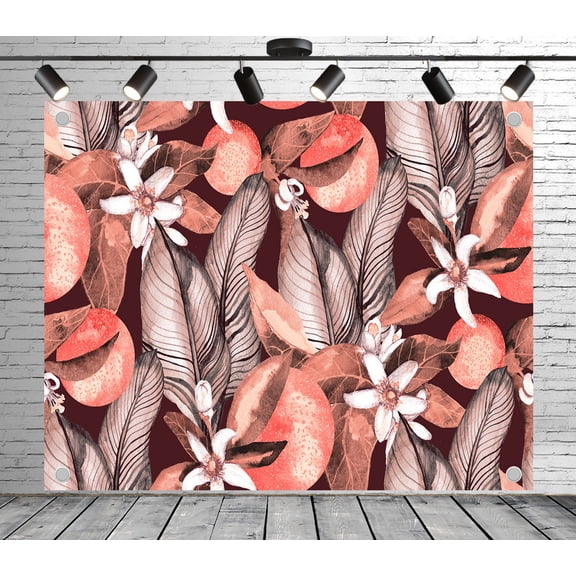 10x8ft Botanical Backdrop Orange Fruits and Leaf Pattern Photo Backdrop Garden Background Decoration Banner for Theme Party Wedding Birthday Baby Shower Photo Booth Studio Props