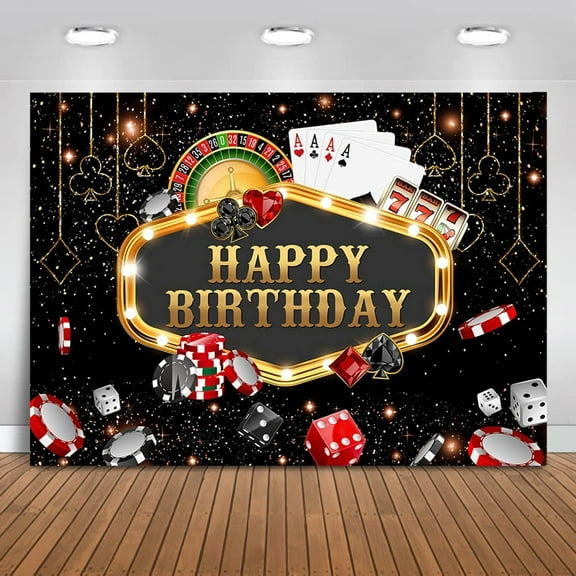 10x8ft Casino Birthday Backdrop Casino Night Poker Dice Background Las Vegas Gold Glitter Happy Birthday Party Decorations Photo Studio Props