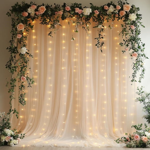 10x8ft Champagne Tulle Backdrop Curtain with String Lights, Wrinkle-Free Sheer Wedding Backdrop for Birthday Parties, Shower, Bridal Shower, Photo Shoots and Decorations, Champagne