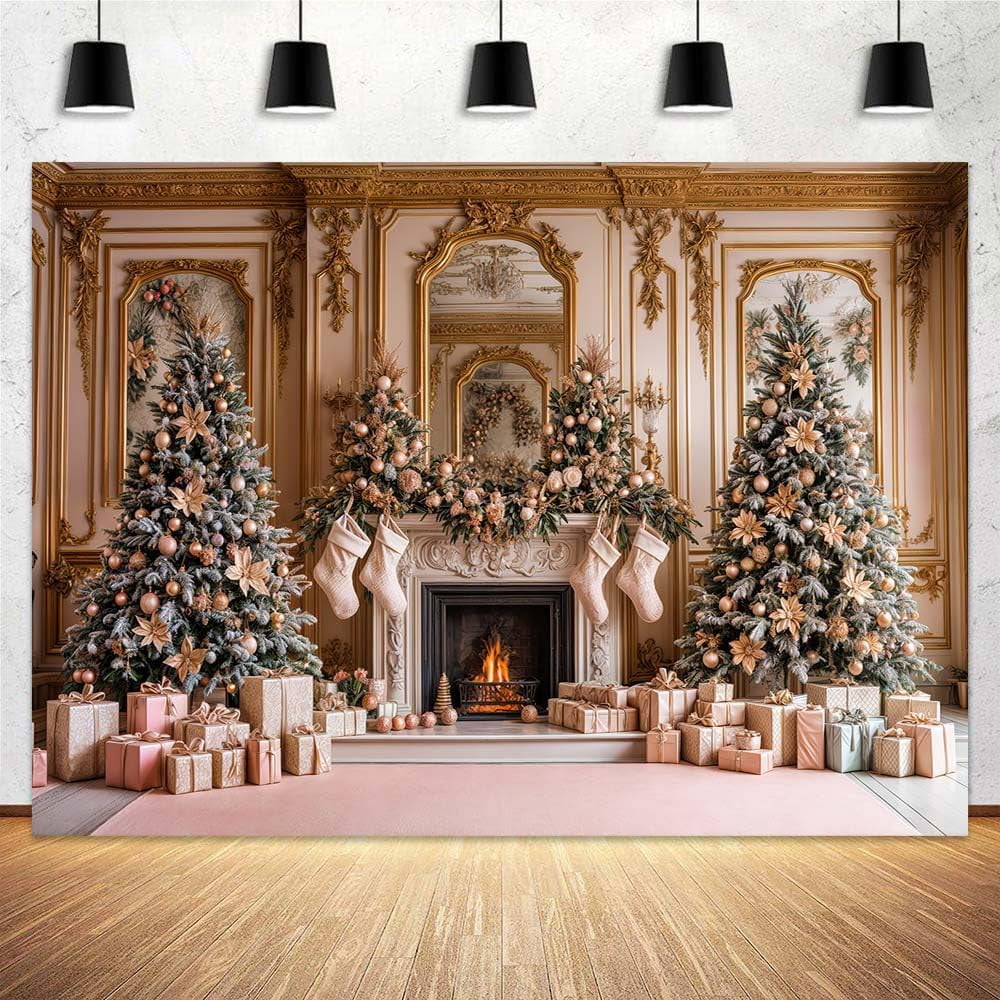 10x8ft Christmas Fireplace Backdrop Classic Pink Winter Xmas Tree ...