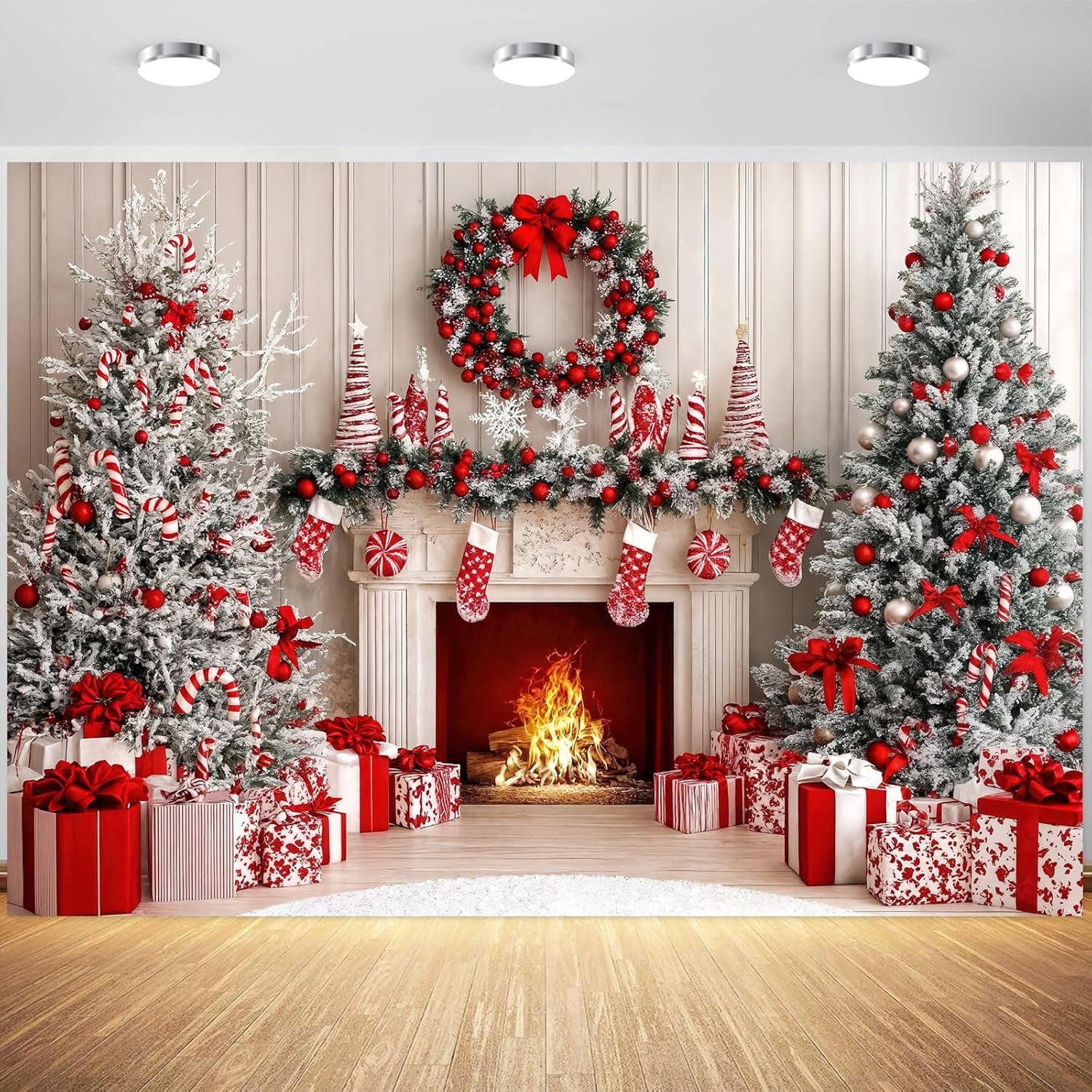 10x8ft Christmas Fireplace Backdrop White Red Christmas Tree Backdrops ...