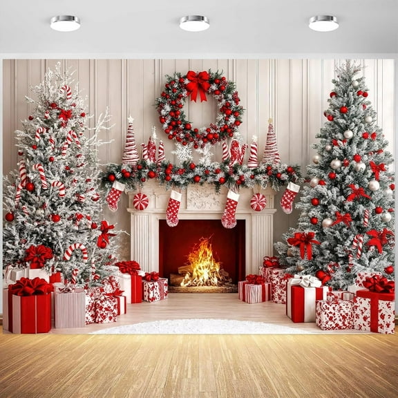 10x8ft Christmas Fireplace Backdrop White Red Christmas Tree Backdrops for Photography Background Winter Xmas Classic Interior Room Family Kids Holiday Party Banner Decorations Photo Booth Props