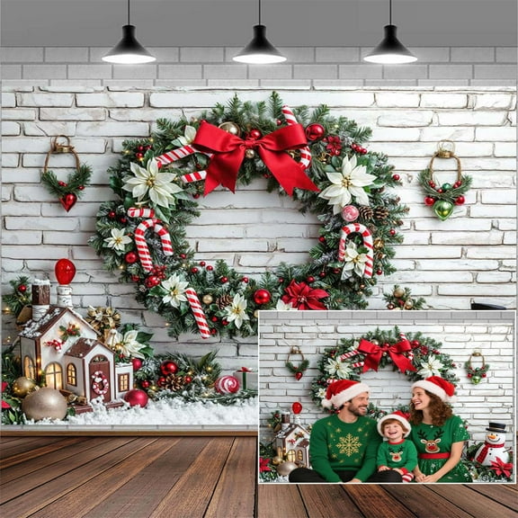 10x8ft Christmas Kids Photography Backdrop Winter Xmas Tree Colorful Ball Candy Snow Photography Backdrop White Brick Wall Banner Party Decor Photo Backdrops New Year Photo Booth Props Background