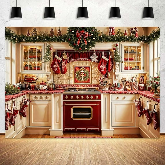 10x8ft Christmas Kitchen Backdrop Xmas Tree Wreath Cabinets Window Kitchenware Photography Background Winter Family Holiday Party Photo Video Studio Props