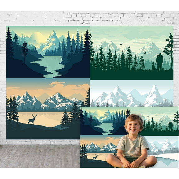 10x8ft Fabric Outdoor Background Flat Illustration Style Forest Snow Mountain Pine Tree Picnic Camping Hiking Home Decoration Wedding Photoshoot Birthday Party Photography Background