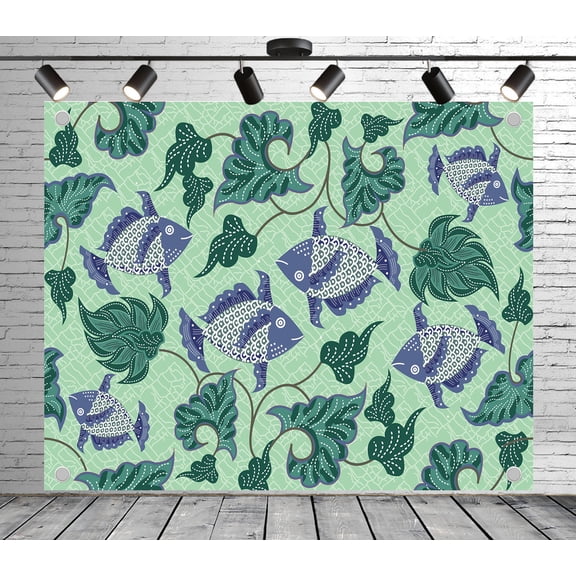 10x8ft Floral Backdrop Fish and Vine Leaves Pattern Photo Backdrop Green Background Decoration Banner for Theme Party Wedding Birthday Baby Shower Photo Booth Studio Props