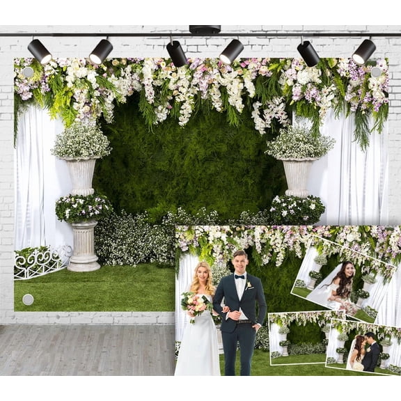 10x8ft Flower Arch White Curtain Photography Backdrop Green Leaves Floral Background - Great for Birthday, Wedding, Studio, Booth, Party, Events, Portrait Use Photoshoot Props