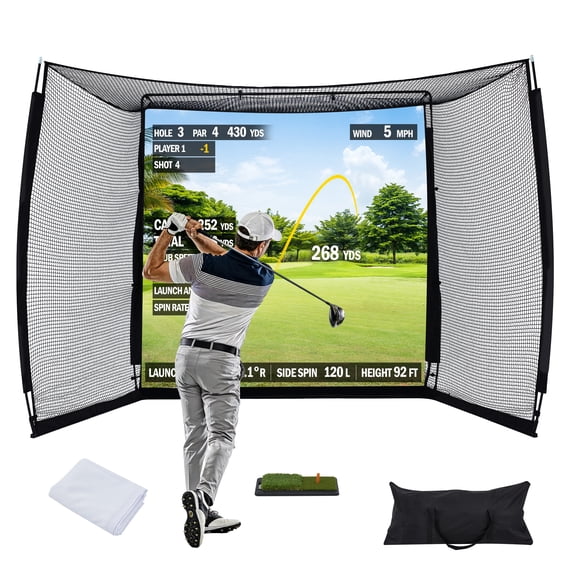 10x8ft Golf Practice Net with Impact Screen and Golf Mat, Heavy Duty Steel Frame Golf Hitting Net & Range Cage Design for Golf Simulator Indoor Training