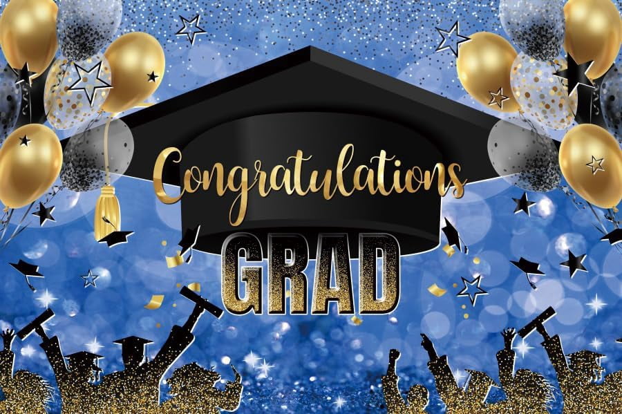 10x8ft Graduation Backdrop Class of 2024 Blue Gold Congratulation Graduates Prom Background Gold Balloons Bachelor Cap Congrats Grad Party Blue Decoration Banner Photo Booth Props
