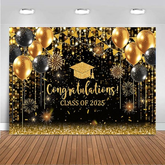 10x8ft Graduation Backdrop Class of 2025 Decorations Black and Gold Bokeh Glitter 2025 Graduation Photo Background School Class Congrats Grad Banner Decorations Supplies