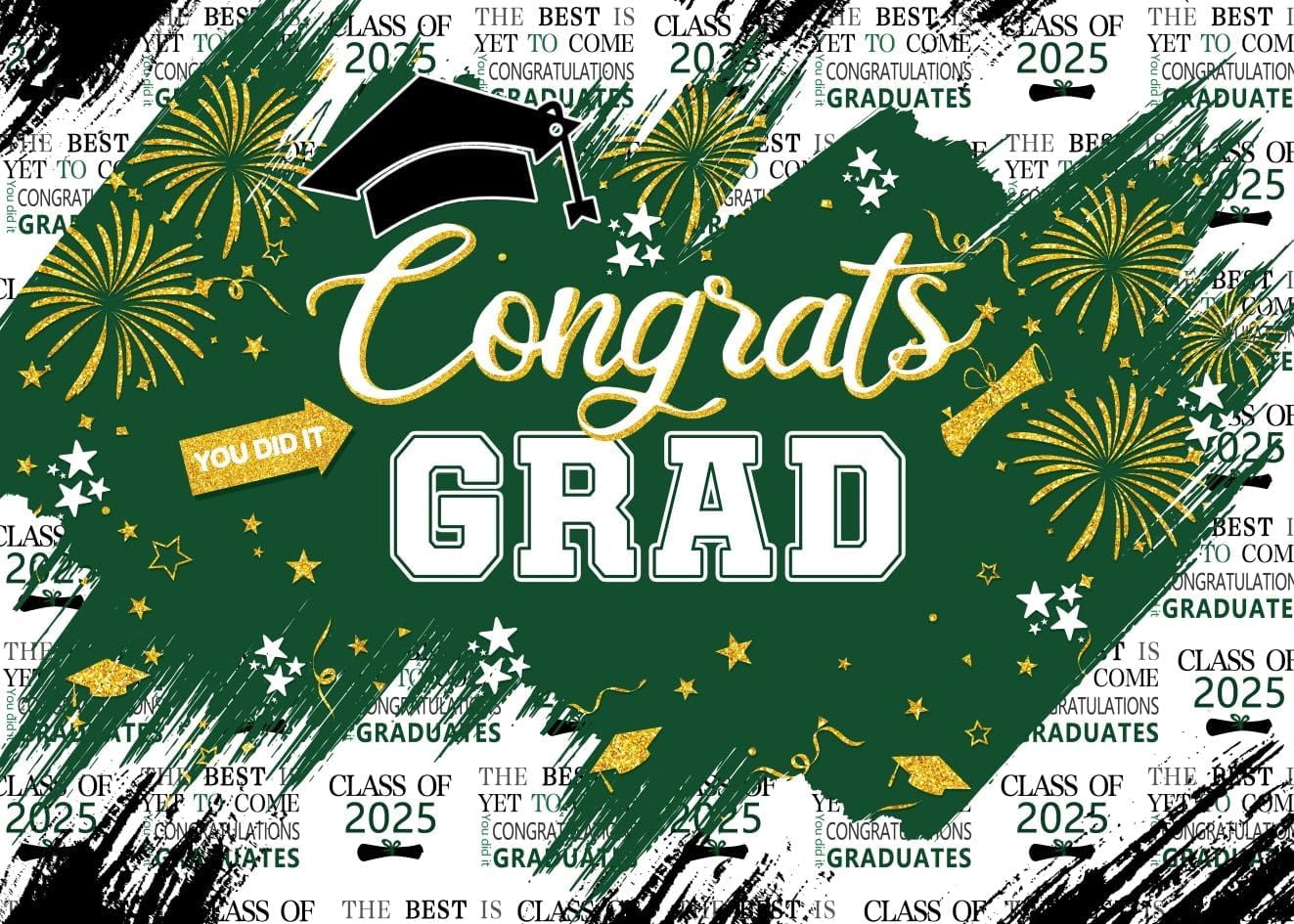 10x8ft Green & Gold Grad Congrats Photo Backdrop for 2026 Graduation ...