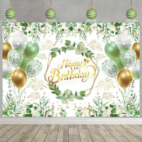 10x8ft Greenery Birthday Backdrop Sage Green Party Decorations Happy Birthday Photo Backdrops Eucalyptus Leaves Ballon Banner Background Photography Women Adults 21st 30th Supplies Booth Props