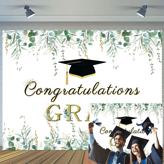 10x8ft Greenery Graduation Backdrop Congrats Grad Class of 2025 Green Gold Leaves Graduate Party Photography Background Graduation Party Decorations Supplies Cake Table Banner Photo Booth Props