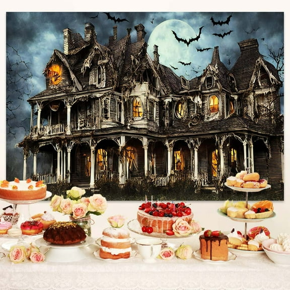 10x8ft Halloween Castle Full Moon Backdrop Haunted House Halloween Scary Night Spooky Bats Cemetery Child Kids Party Banner Photograph Background Decorations Photoshoot Backdrops