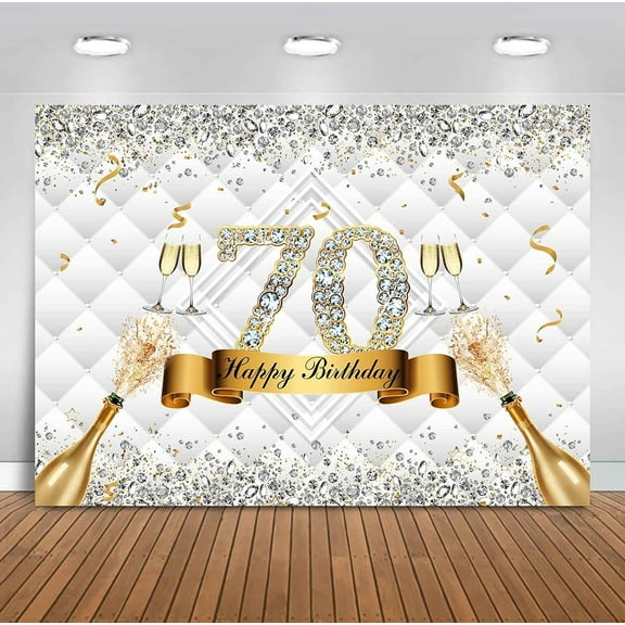 10x8ft Happy 70th Birthday Backdrop for Women White Gold Glitter Diamond Luxury Seventy Years Old Photography Background Champagne Fabulous 70th Birthday Decorations Banner Photoshoot Props