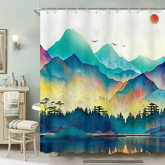RosieLily Mountain Shower Curtain, Misty Forest Trees Natural Scenery Art Teal Shower Curtain for Bathroom Decor, Watercolor Forest Sun Sunset Landscape Shower Curtain Set with 12 Hooks 72x72 inch