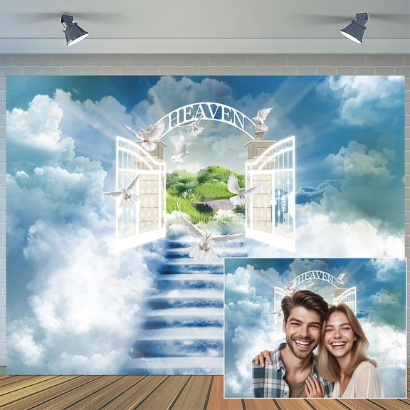 10x8ft Heaven Church Photo Backdrop Banner Photography Background for Kids Baby Shower Baptism, Paradise Gate Sky Stairway to Heaven Backdrops Photo Booth Prop Decorations Wall Decor Tablecloth