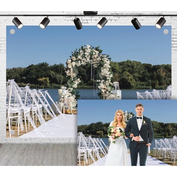 10x8ft Lakeside Forest Wedding Photoshoot Backdrop White Flower Green Vine Arch White Seats Ceremony Party Engagement Proposal Background Photography Studio Props
