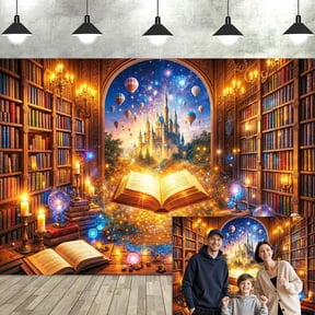 10x8ft Magic Library Castle Photography Backdrop, Fantasy Bookstore with Floating Books Hot Air Balloons Starry Sky, Enchanted Fairytale Decor for Book Lovers Reading Birthday Party Photo Booth