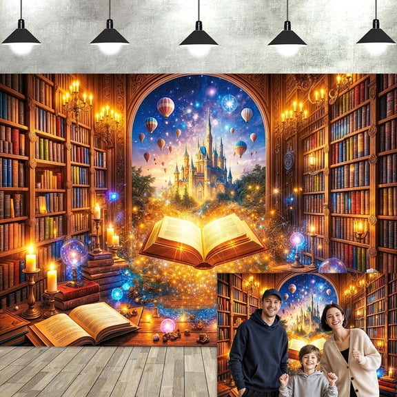 10x8ft Magic Library Castle Photography Backdrop, Fantasy Bookstore with Floating Books Hot Air Balloons Starry Sky, Enchanted Fairytale Decor for Book Lovers Reading Birthday Party Photo Booth
