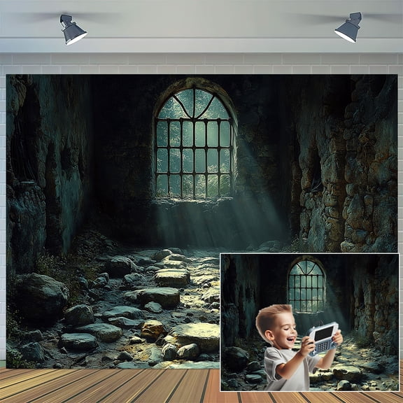 10x8ft Medieval Castle Dungeon Backdrop for Photography, Dark Ancient Jail Stone Caves Prison Sunlight Though Window Background, Creepy Cellar Theme Party Decorations Backdrop Photo Studio Props
