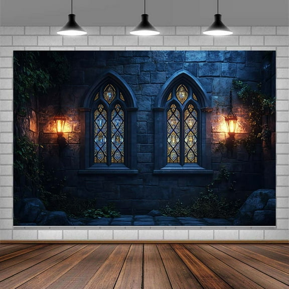 10x8ft Medieval Gothic Castle Backdrop, Arched Windows with Stained Glass Dim Horror Light Photography Background, Haunted House Halloween Theme Escape Party Halloween Evil Party Decorations