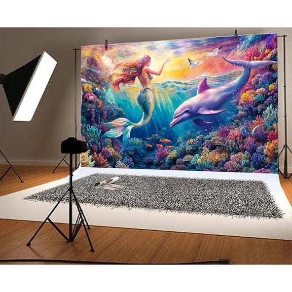 10x8ft Mermaid Birthday Backdrop Under The Sea Whale Birthday Party Decoration for Girl Coral Marine life Underwater Photography Background Birthday Banner Baby Shower Party Supplies