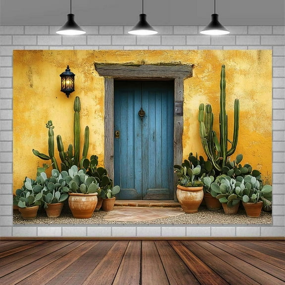 10x8ft Mexico Retro House Cactus Photo Backdrop Photography Background, Vintage Western Blue Wooden Doorway with Yellow Stucco Wall Backdrops Photo Booth Prop Decorations Wall Decor Tablecloth