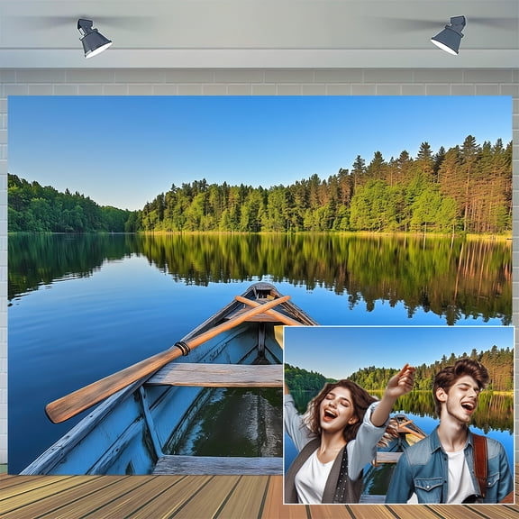 10x8ft Old Wooden Fishing Boat Photography Backdrop, Natural Lake and Forest Landscape Fishing Background, Outdoor Fishing Theme Party Decorations Studio Booth Photo Props